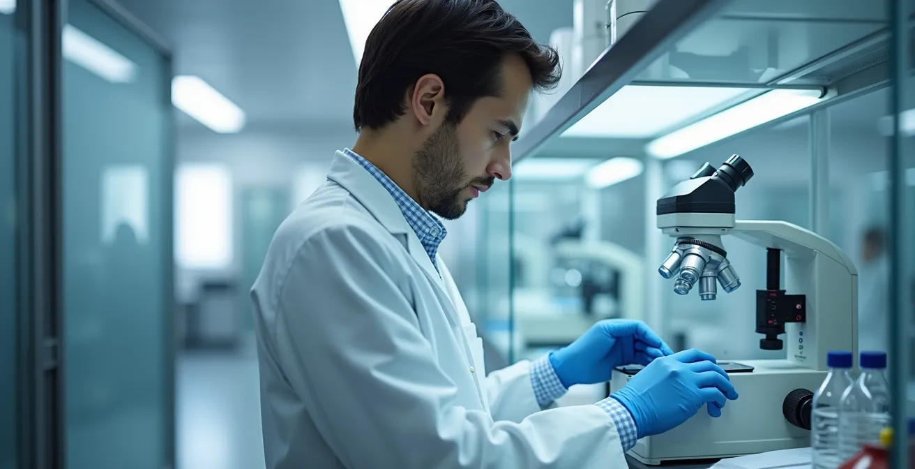 Chercheur en blouse travaillant avec précision sur des équipements scientifiques de pointe