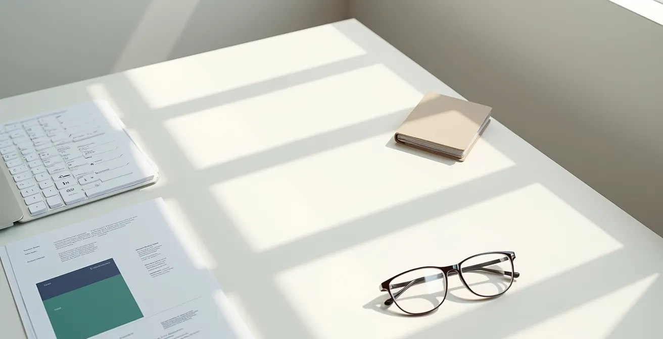 Bureau organisé avec documents de transparence et rapports d'impact disposés de manière professionnelle