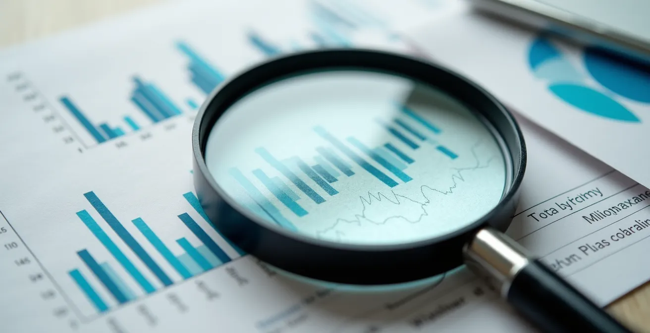 Mains consultant attentivement un rapport financier avec une loupe symbolisant la diligence raisonnable