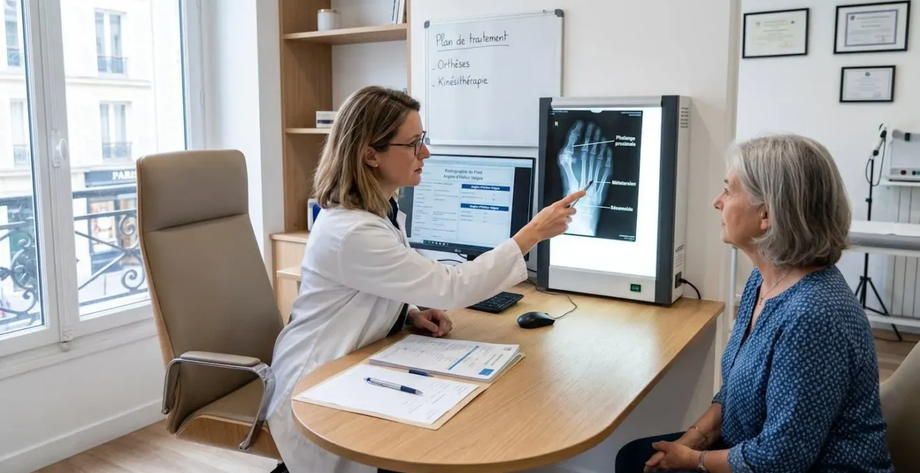 Consultation médicale dans un cabinet d'orthopédie moderne avec radiographie du pied montrant un hallux valgus, médecin et patient examinant les résultats