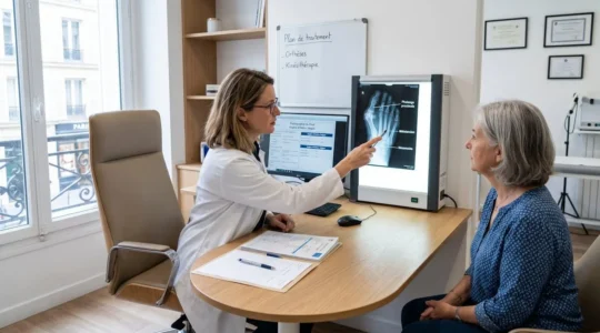 Consultation médicale dans un cabinet d'orthopédie moderne avec radiographie du pied montrant un hallux valgus, médecin et patient examinant les résultats